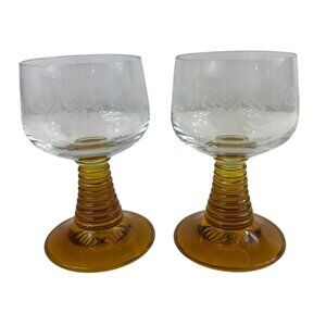 German Roemer Wine Glasses Etched Grape Leaves Amber Beehive Stem Set of 2